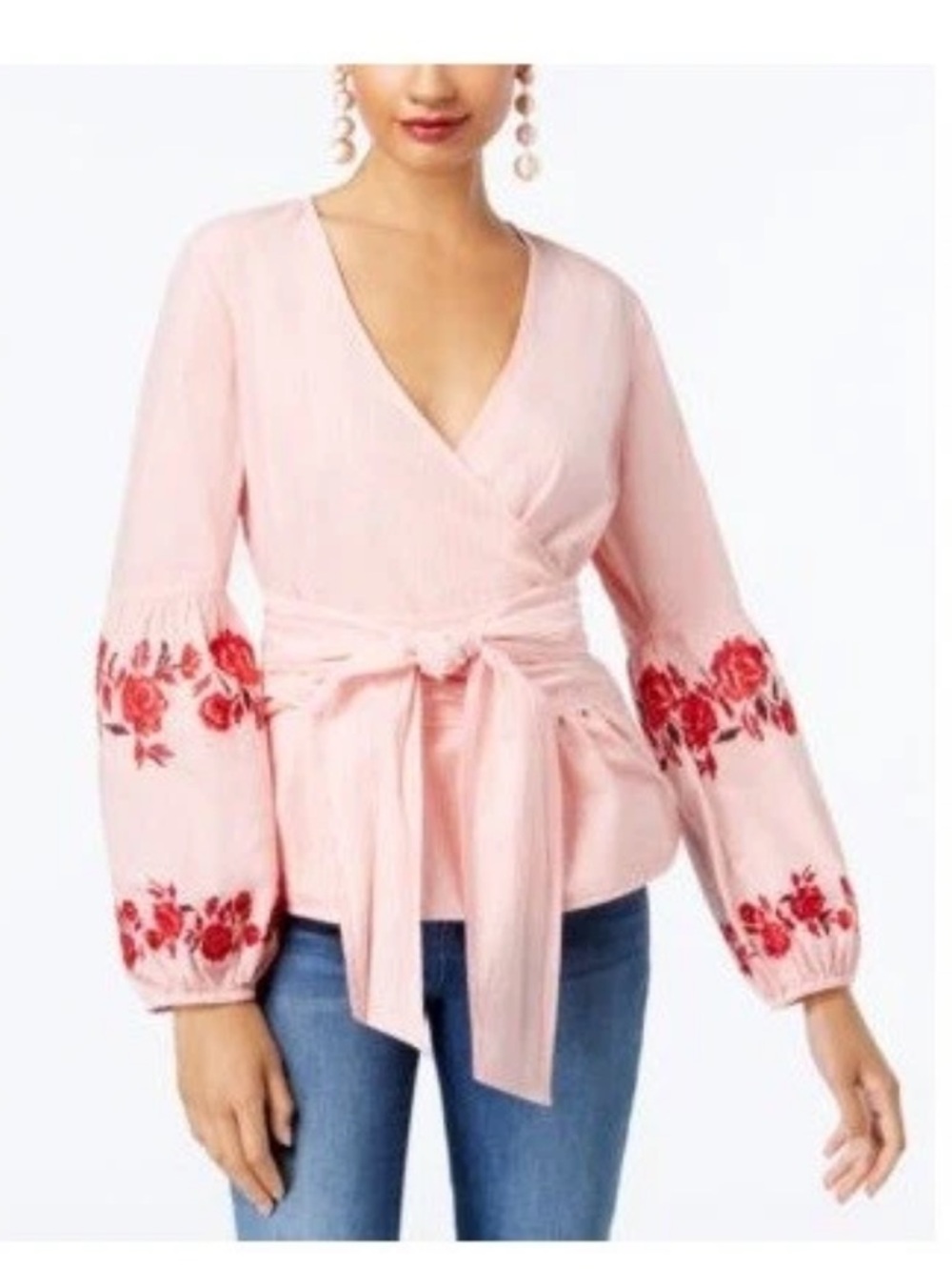 NWOT Stripe INC INT'L CNCEPTS Faux Wrap Top EMBROIDERED FLORAL PUFFY SLEEVES